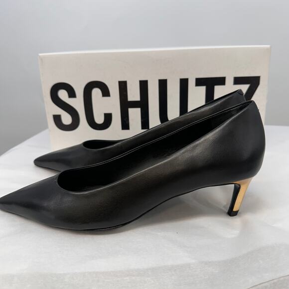 SCHUTZ New in Box Lou Mid Curve Pump Heel Black Leather with Gold Heel // 8 - Picture 6 of 11